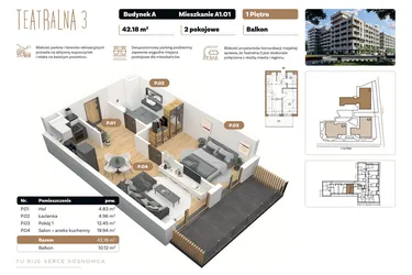 Rzut - Mieszkanie na sprzedaż 2 pokoje o powierzchni 42,18 m² - numer A 1.01 w Teatralna 3 - etap II