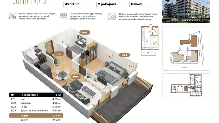 Rzut - Mieszkanie na sprzedaż 2 pokoje o powierzchni 42,18 m² - numer A 1.01 w Teatralna 3 - etap II