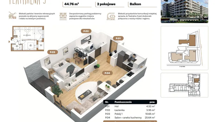 Rzut - Mieszkanie na sprzedaż 2 pokoje o powierzchni 44,76 m² - numer A 1.08 w Teatralna 3 - etap II