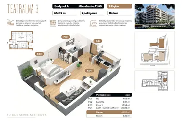 Rzut - Mieszkanie na sprzedaż 2 pokoje o powierzchni 45,02 m² - numer A 1.09 w Teatralna 3 - etap II