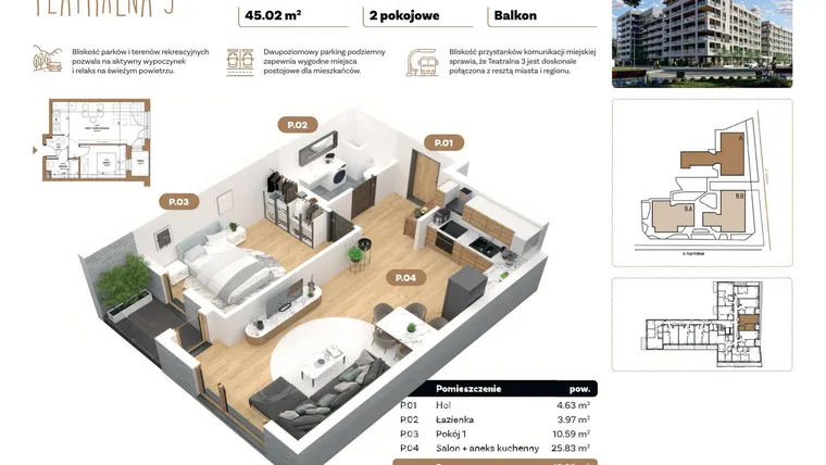 Rzut - Mieszkanie na sprzedaż 2 pokoje o powierzchni 45,02 m² - numer A 1.09 w Teatralna 3 - etap II