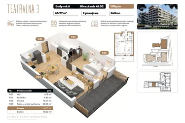 Rzut - Mieszkanie na sprzedaż 2 pokoje o powierzchni 45,77 m² - numer A 1.02 w Teatralna 3 - etap II