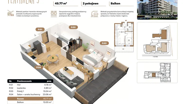 Rzut - Mieszkanie na sprzedaż 2 pokoje o powierzchni 45,77 m² - numer A 1.02 w Teatralna 3 - etap II