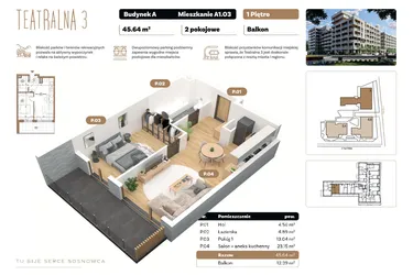 Rzut - Mieszkanie na sprzedaż 2 pokoje o powierzchni 45,64 m² - numer A 1.03 w Teatralna 3 - etap II
