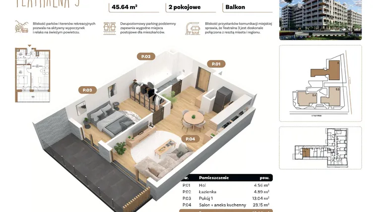 Rzut - Mieszkanie na sprzedaż 2 pokoje o powierzchni 45,64 m² - numer A 1.03 w Teatralna 3 - etap II