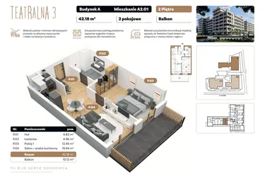 Rzut - Mieszkanie na sprzedaż 2 pokoje o powierzchni 42,18 m² - numer A 2.01 w Teatralna 3 - etap II