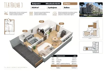 Rzut - Mieszkanie na sprzedaż 2 pokoje o powierzchni 45,64 m² - numer A 2.03 w Teatralna 3 - etap II