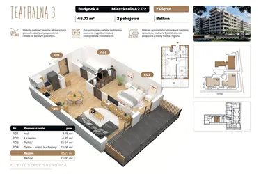 Rzut - Mieszkanie na sprzedaż 2 pokoje o powierzchni 45,77 m² - numer A 2.02 w Teatralna 3 - etap II