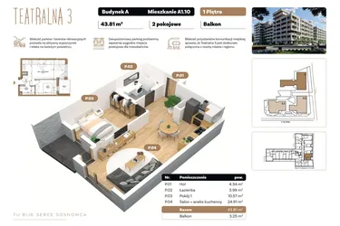 Rzut - Mieszkanie na sprzedaż 2 pokoje o powierzchni 43,81 m² - numer A 1.10 w Teatralna 3 - etap II