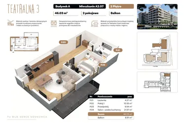 Rzut - Mieszkanie na sprzedaż 2 pokoje o powierzchni 46,03 m² - numer A 2.07 w Teatralna 3 - etap II
