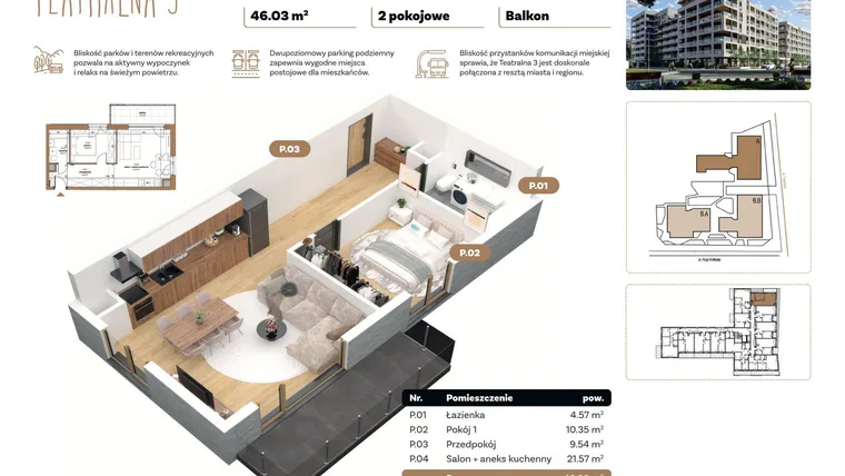 Rzut - Mieszkanie na sprzedaż 2 pokoje o powierzchni 46,03 m² - numer A 2.07 w Teatralna 3 - etap II