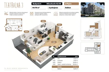 Rzut - Mieszkanie na sprzedaż 2 pokoje o powierzchni 44,76 m² - numer A 2.08 w Teatralna 3 - etap II