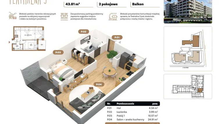 Rzut - Mieszkanie na sprzedaż 2 pokoje o powierzchni 43,81 m² - numer A 2.10 w Teatralna 3 - etap II