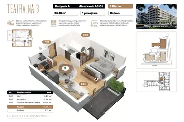 Rzut - Mieszkanie na sprzedaż 1 pokój o powierzchni 36,18 m² - numer A 3.05 w Teatralna 3 - etap II
