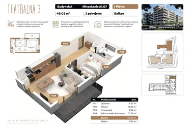 Rzut - Mieszkanie na sprzedaż 2 pokoje o powierzchni 46,03 m² - numer A 1.07 w Teatralna 3 - etap II