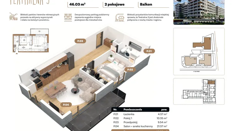 Rzut - Mieszkanie na sprzedaż 2 pokoje o powierzchni 46,03 m² - numer A 1.07 w Teatralna 3 - etap II