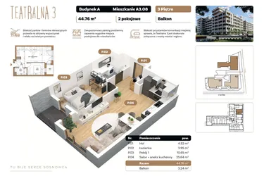 Rzut - Mieszkanie na sprzedaż 2 pokoje o powierzchni 44,76 m² - numer A 3.08 w Teatralna 3 - etap II