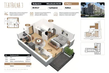 Rzut - Mieszkanie na sprzedaż 1 pokój o powierzchni 36,18 m² - numer A 4.05 w Teatralna 3 - etap II