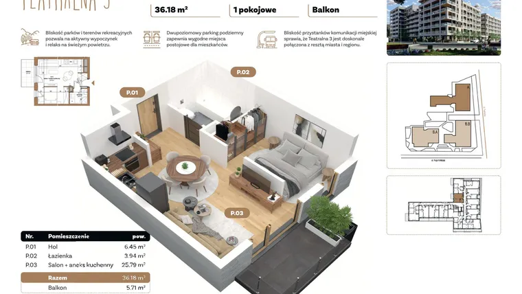 Rzut - Mieszkanie na sprzedaż 1 pokój o powierzchni 36,18 m² - numer A 4.05 w Teatralna 3 - etap II
