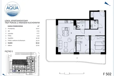 Rzut - Mieszkanie na sprzedaż 3 pokoje o powierzchni 63,29 m² - numer F502 w Polanki Aqua - budynek E i F