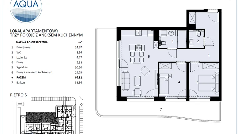 Rzut - Mieszkanie na sprzedaż 3 pokoje o powierzchni 63,29 m² - numer F502 w Polanki Aqua - budynek E i F