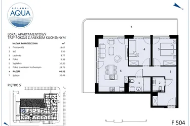 Rzut - Mieszkanie na sprzedaż 3 pokoje o powierzchni 63,48 m² - numer F504 w Polanki Aqua - budynek E i F