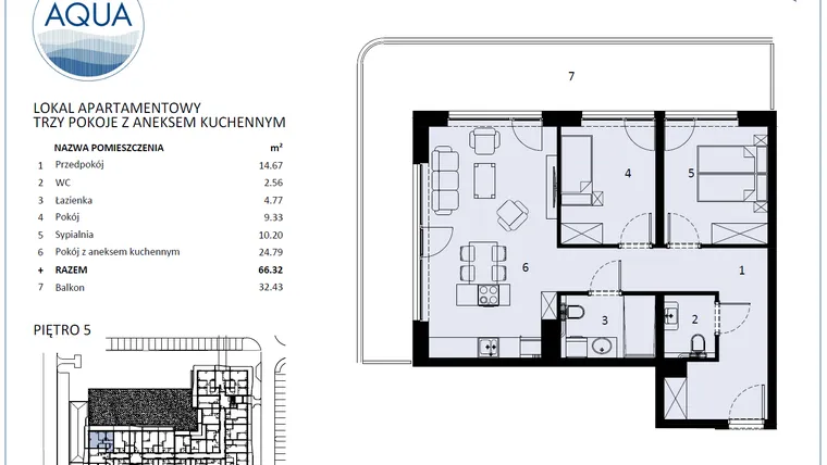 Rzut - Mieszkanie na sprzedaż 3 pokoje o powierzchni 63,48 m² - numer F504 w Polanki Aqua - budynek E i F