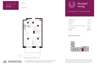 Rzut - Mieszkanie na sprzedaż 2 pokoje o powierzchni 44,86 m² - numer 4.A.2.04 w Murapol Urcity
