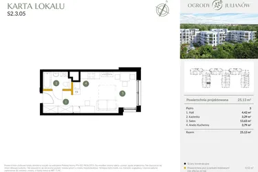 Rzut - Mieszkanie na sprzedaż 1 pokój o powierzchni 25,13 m² - numer S2.3.05 w Ogrody Julianów