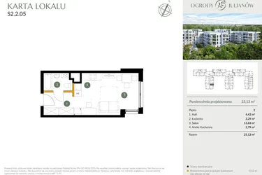 Rzut - Mieszkanie na sprzedaż 1 pokój o powierzchni 25,13 m² - numer S2.2.05 w Ogrody Julianów