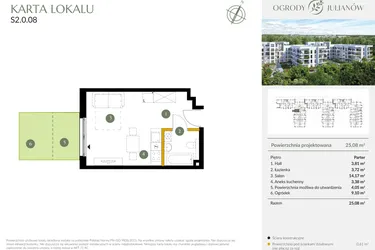 Rzut - Mieszkanie na sprzedaż 1 pokój o powierzchni 25,08 m² - numer S2.0.08 w Ogrody Julianów
