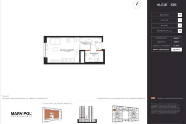 Rzut - Mieszkanie na sprzedaż 1 pokój o powierzchni 28,07 m² - numer M016 w Aleje 138