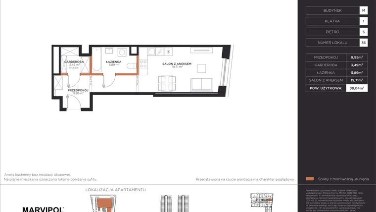 Rzut - Mieszkanie na sprzedaż 1 pokój o powierzchni 39,04 m² - numer M036 w Aleje 138