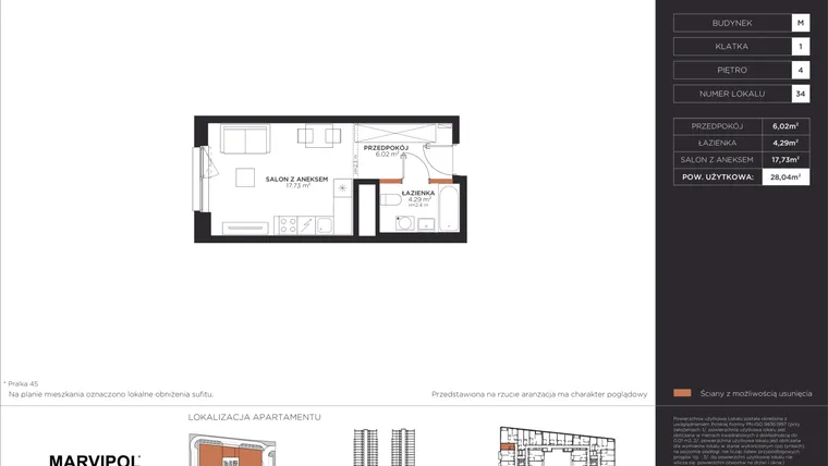 Rzut - Mieszkanie na sprzedaż 1 pokój o powierzchni 28,04 m² - numer M034 w Aleje 138
