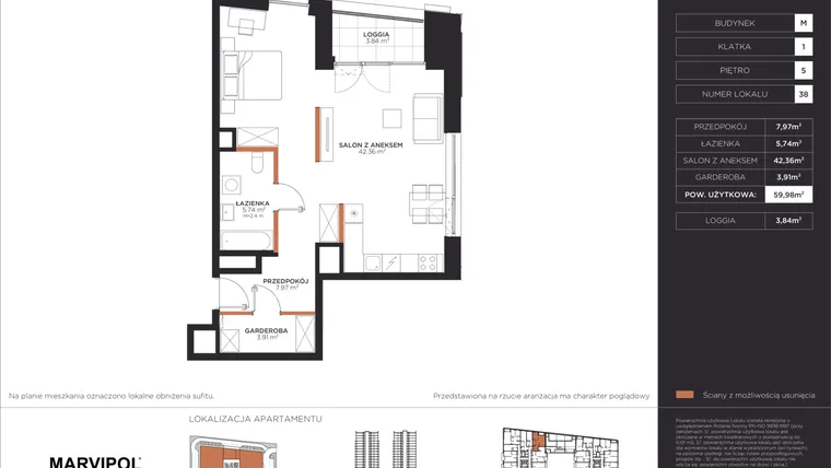 Rzut - Mieszkanie na sprzedaż 1 pokój o powierzchni 59,98 m² - numer M038 w Aleje 138
