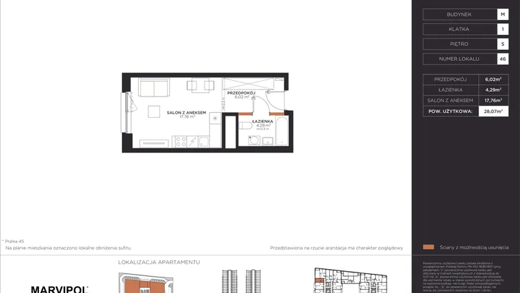 Rzut - Mieszkanie na sprzedaż 1 pokój o powierzchni 28,07 m² - numer M046 w Aleje 138