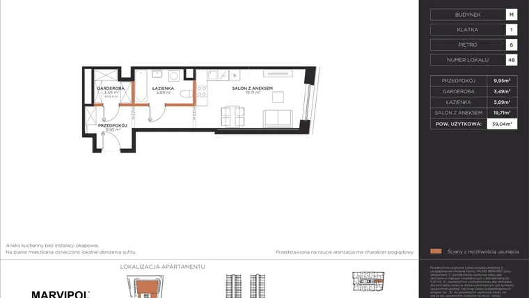 Rzut - Mieszkanie na sprzedaż 1 pokój o powierzchni 39,04 m² - numer M048 w Aleje 138
