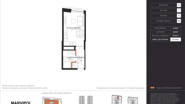 Rzut - Mieszkanie na sprzedaż 1 pokój o powierzchni 27,7 m² - numer M049 w Aleje 138