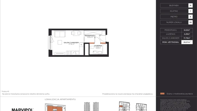 Rzut - Mieszkanie na sprzedaż 1 pokój o powierzchni 28,07 m² - numer M058 w Aleje 138
