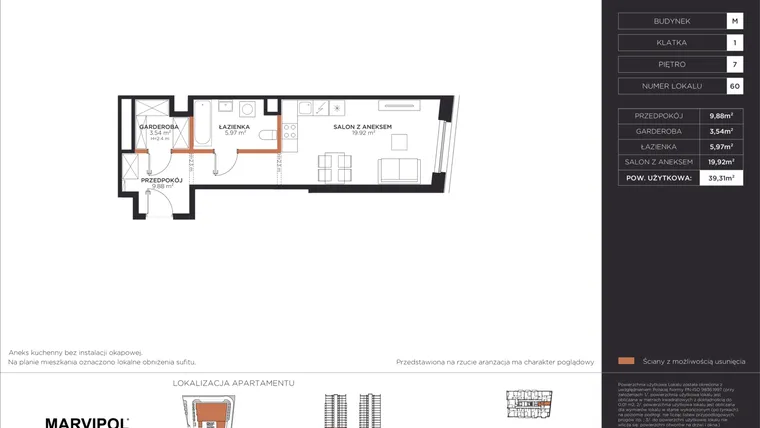 Rzut - Mieszkanie na sprzedaż 1 pokój o powierzchni 39,31 m² - numer M060 w Aleje 138