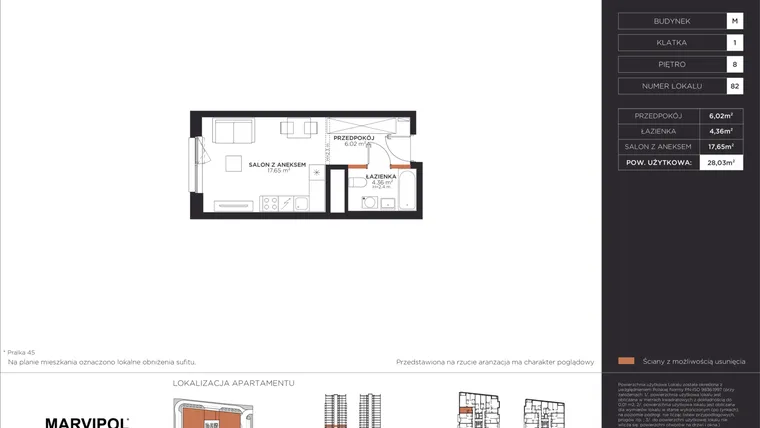Rzut - Mieszkanie na sprzedaż 1 pokój o powierzchni 28,03 m² - numer M082 w Aleje 138