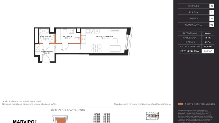 Rzut - Mieszkanie na sprzedaż 1 pokój o powierzchni 39,31 m² - numer M096 w Aleje 138