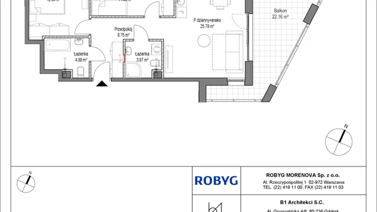 Rzut - Mieszkanie na sprzedaż 3 pokoje o powierzchni 67,74 m² - numer C.3M01 w Leszczyńskich 2