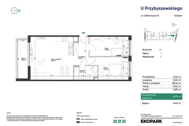 Rzut - Mieszkanie na sprzedaż 3 pokoje o powierzchni 63,91 m² - numer 1A_M2 w U Przybyszewskiego etap 4