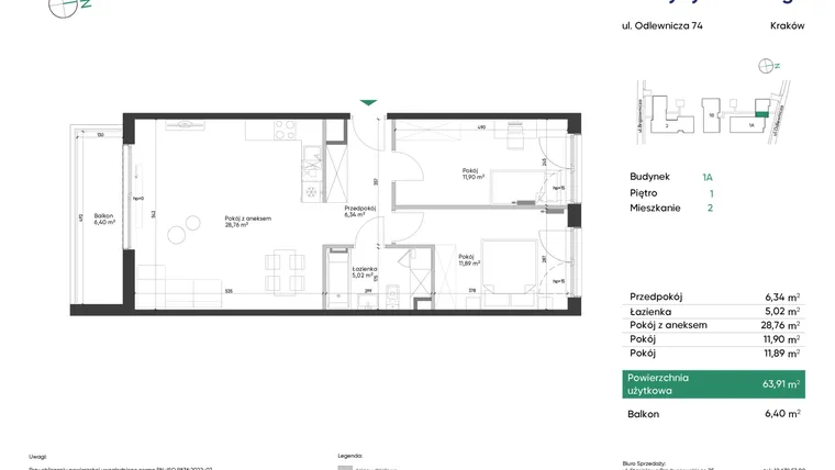 Rzut - Mieszkanie na sprzedaż 3 pokoje o powierzchni 63,91 m² - numer 1A_M2 w U Przybyszewskiego etap 4