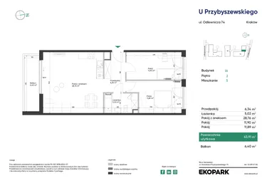 Rzut - Mieszkanie na sprzedaż 3 pokoje o powierzchni 63,91 m² - numer 1A_M5 w U Przybyszewskiego etap 4