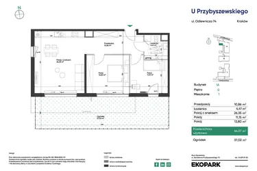 Rzut - Mieszkanie na sprzedaż 3 pokoje o powierzchni 66,57 m² - numer 1A_M1 w U Przybyszewskiego etap 4