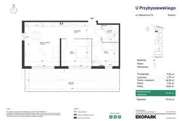 Rzut - Mieszkanie na sprzedaż 3 pokoje o powierzchni 67,34 m² - numer 1A_M1 w U Przybyszewskiego etap 4