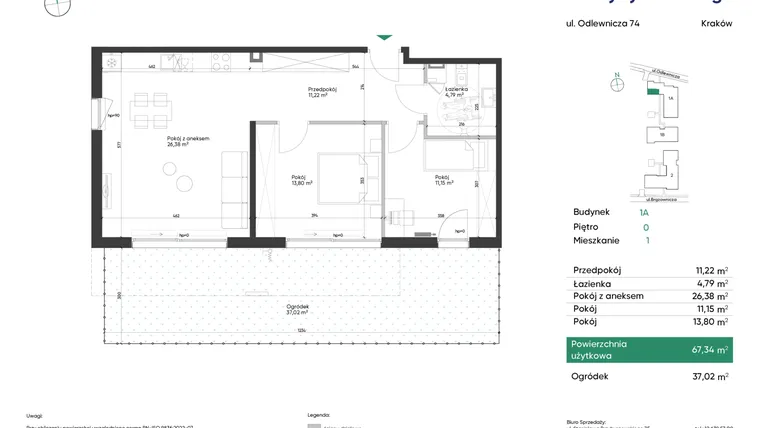 Rzut - Mieszkanie na sprzedaż 3 pokoje o powierzchni 67,34 m² - numer 1A_M1 w U Przybyszewskiego etap 4