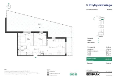 Rzut - Mieszkanie na sprzedaż 3 pokoje o powierzchni 60,53 m² - numer 1A_M11 w U Przybyszewskiego etap 4